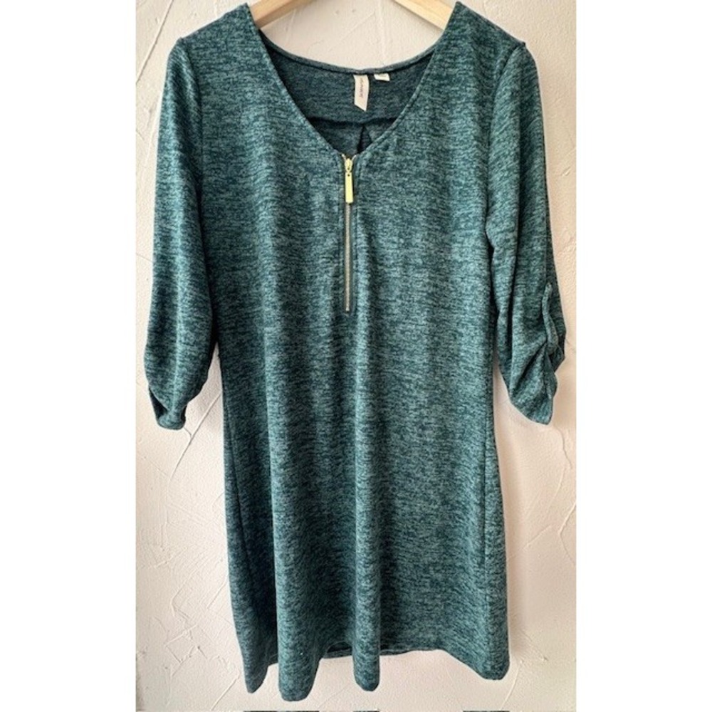 Tacera Women's Teal Green Sweater Dress half gold zipper front size PM